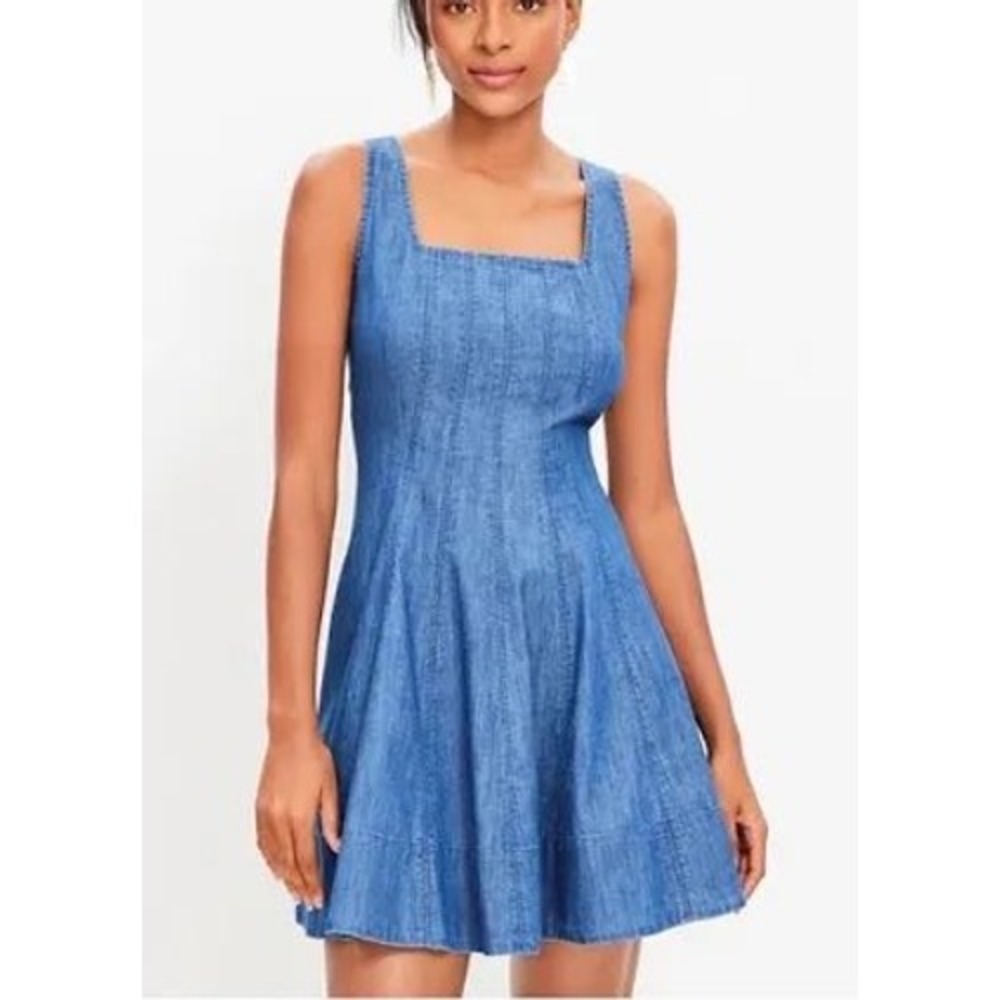 LOFT Womens Blue Denim Fit and Flare Square Neck Sleeveless Dress Size 10
